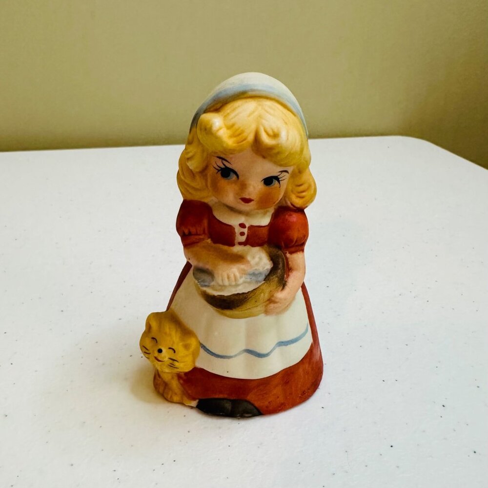 Vintage Ceramic Girl Figurine Washing Laundry With Cat Vintage Bell Figurine